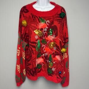 NWT 33 Degrees Flamingo Sequin Pom Pom Bell Ugly Christmas Sweater Womens Sz XL